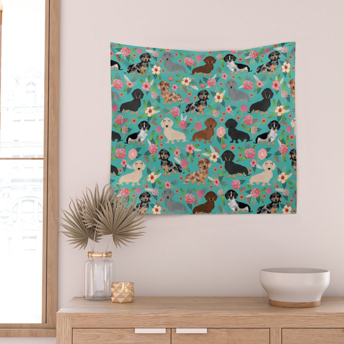 Dachshund florals flower pet portrait dog art dachsie doxie pet art dog breeds Wall Tapestry Gallery Image 2