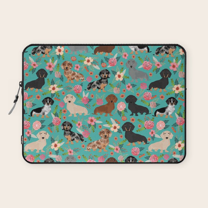 Dachshund florals flower pet portrait dog art dachsie doxie pet art dog breeds Laptop Sleeve Gallery Image 1