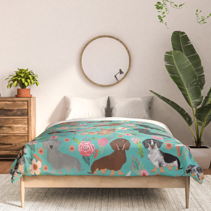 Dachshund florals flower pet portrait dog art dachsie doxie pet art dog breeds Comforter Gallery Image 3
