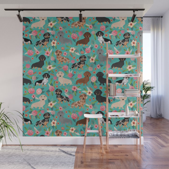 Dachshund florals flower pet portrait dog art dachsie doxie pet art dog breeds Wall Mural Gallery Image 1