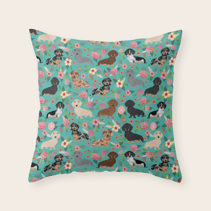 Dachshund florals flower pet portrait dog art dachsie doxie pet art dog breeds Throw Pillow Gallery Image 1