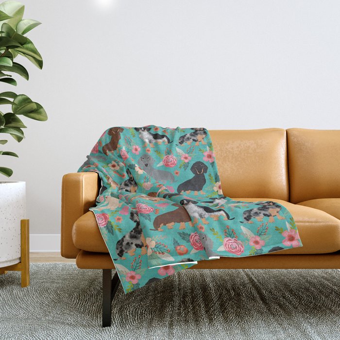 Dachshund florals flower pet portrait dog art dachsie doxie pet art dog breeds Throw Blanket Gallery Image 1
