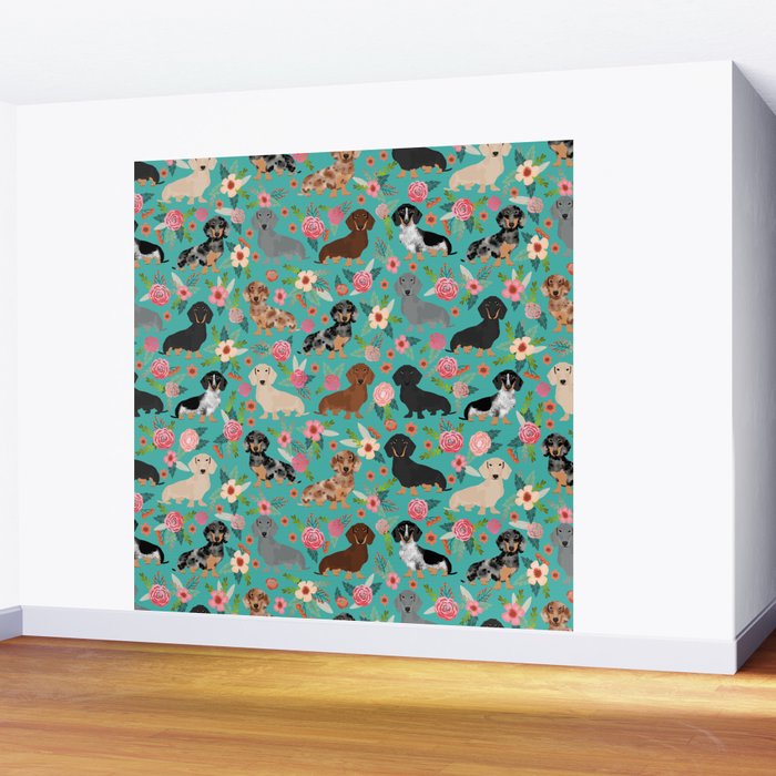 Dachshund florals flower pet portrait dog art dachsie doxie pet art dog breeds Wall Mural Gallery Image 2