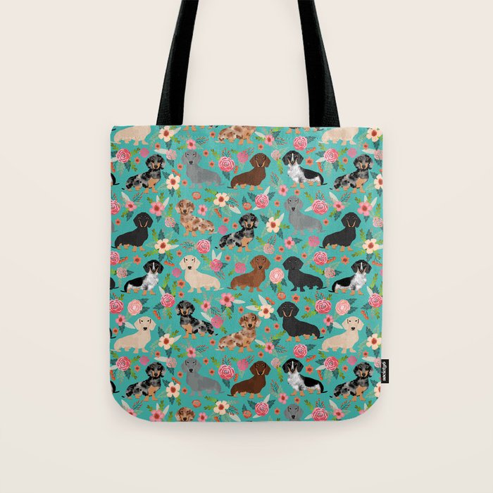Dachshund florals flower pet portrait dog art dachsie doxie pet art dog breeds Tote Bag Gallery Image 1