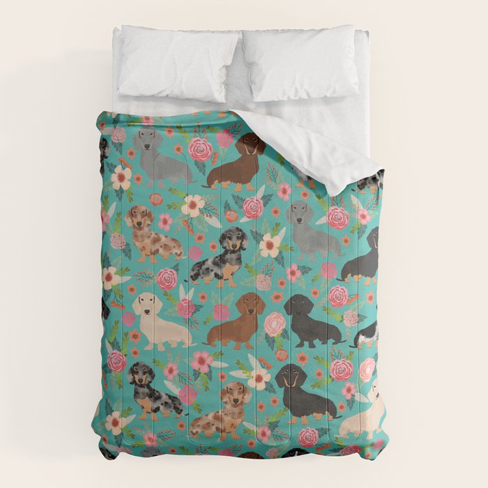 Dachshund florals flower pet portrait dog art dachsie doxie pet art dog breeds Comforter Gallery Image 1