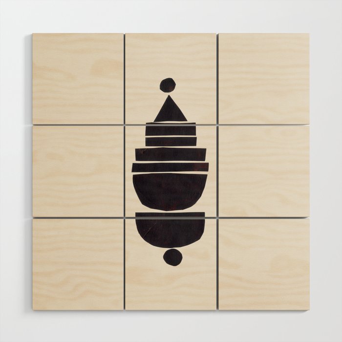 Black & White Minimalist Mid Century Paper collage Funky Black Ink Tribal Geometric by Ejaaz Haniff Wood Wall Art Gallery Image 1