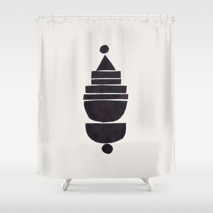Black & White Minimalist Mid Century Paper collage Funky Black Ink Tribal Geometric by Ejaaz Haniff Shower Curtain Gallery Image 1