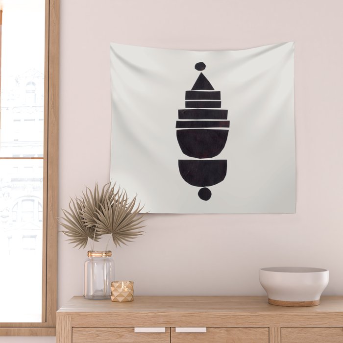 Black & White Minimalist Mid Century Paper collage Funky Black Ink Tribal Geometric by Ejaaz Haniff Wall Tapestry Gallery Image 2