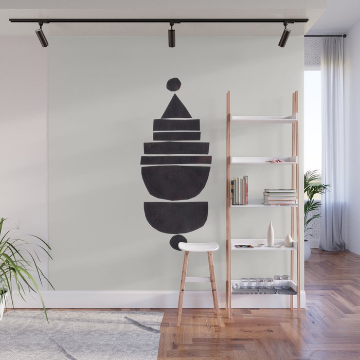 Black & White Minimalist Mid Century Paper collage Funky Black Ink Tribal Geometric by Ejaaz Haniff Wall Mural Gallery Image 1