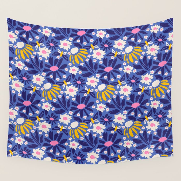 Wild Floral - Blue, Pink and Yellow Wall Tapestry Gallery Image 4