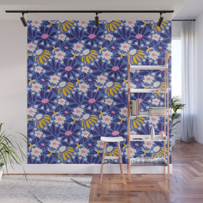 Wild Floral - Blue, Pink and Yellow Wall Mural Gallery Image 1