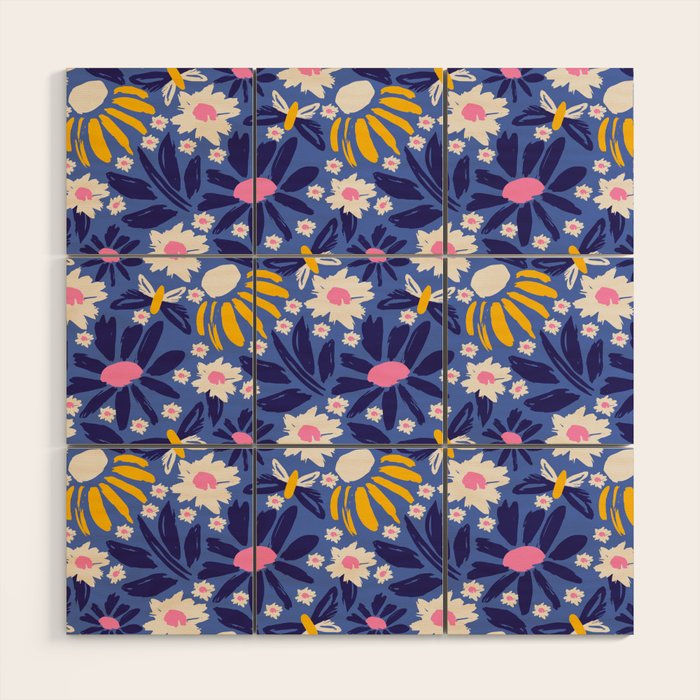Wild Floral - Blue, Pink and Yellow Wood Wall Art Gallery Image 1