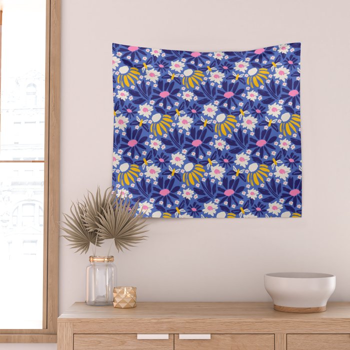 Wild Floral - Blue, Pink and Yellow Wall Tapestry Gallery Image 2