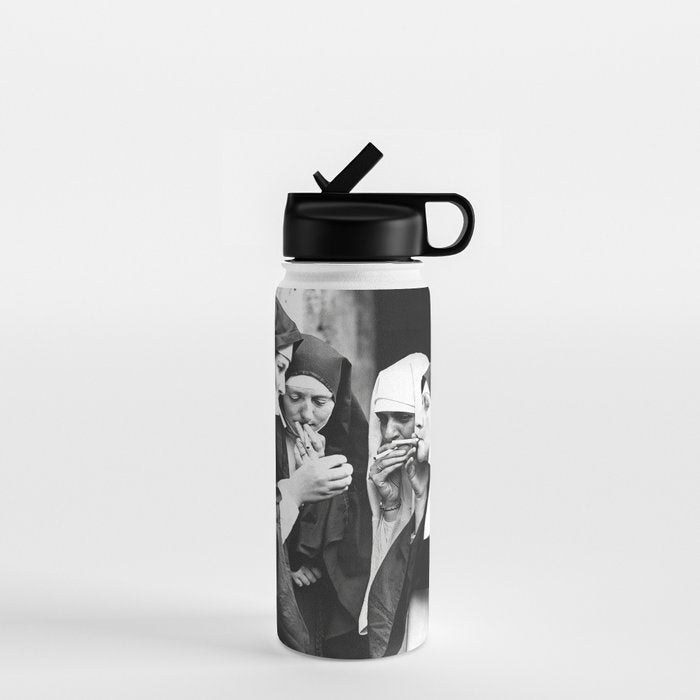Nuns Smoking, Funny Black and White Vintage Art Water Bottle Gallery Image 1