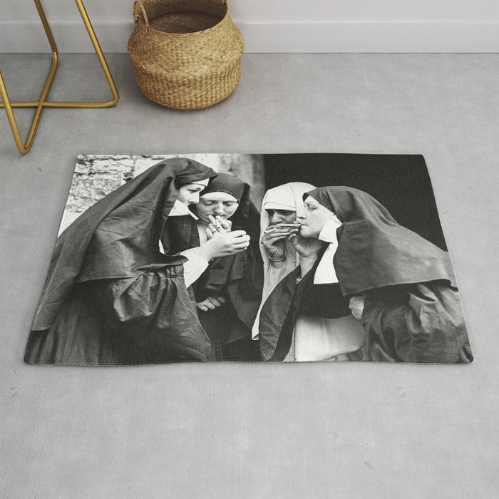 Nuns Smoking, Funny Black and White Vintage Art Rug Gallery Image 1