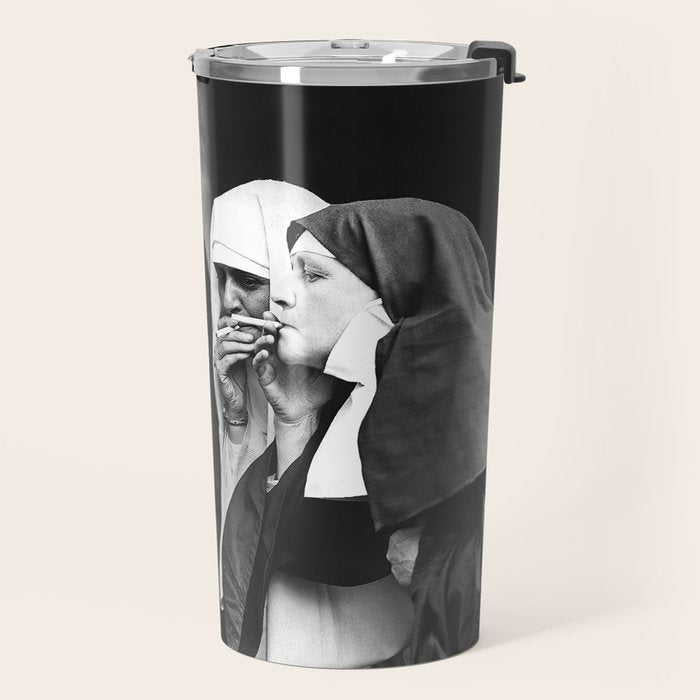 Nuns Smoking, Funny Black and White Vintage Art Travel Mug Gallery Image 2
