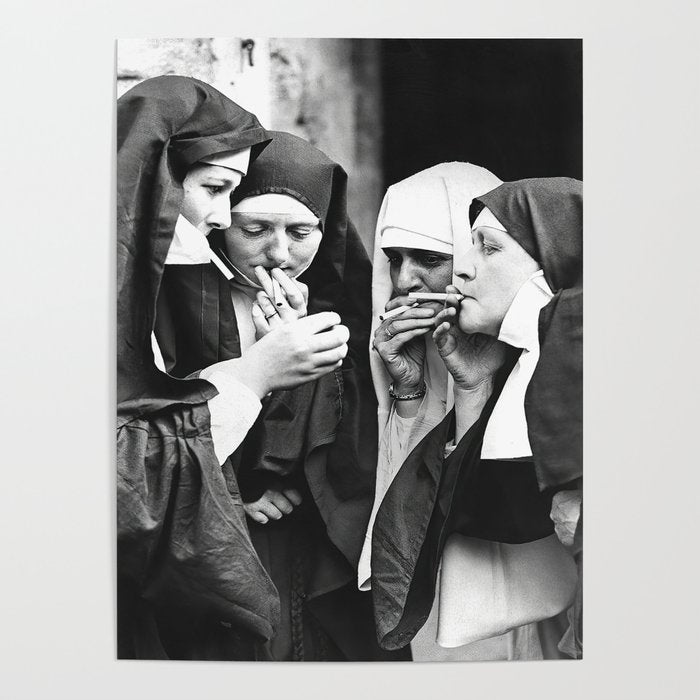 Nuns Smoking, Funny Black and White Vintage Art Poster