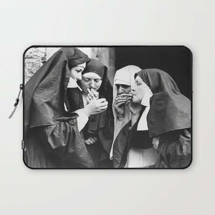 Nuns Smoking, Funny Black and White Vintage Art Laptop Sleeve Gallery Image 1