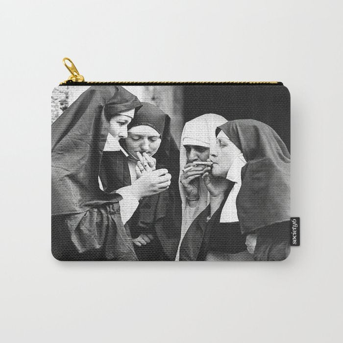 Nuns Smoking, Funny Black and White Vintage Art Carry All Pouch Gallery Image 1