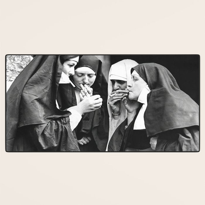 Nuns Smoking, Funny Black and White Vintage Art Desk Mat Gallery Image 3