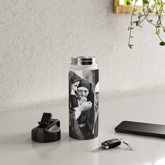 Nuns Smoking, Funny Black and White Vintage Art Water Bottle Gallery Image 4
