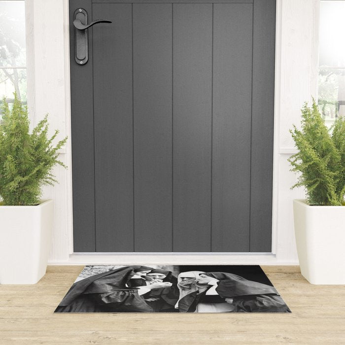 Nuns Smoking, Funny Black and White Vintage Art Welcome Mat Gallery Image 3