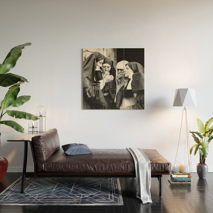 Nuns Smoking, Funny Black and White Vintage Art Wood Wall Art Gallery Image 2