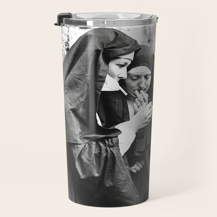 Nuns Smoking, Funny Black and White Vintage Art Travel Mug Gallery Image 3