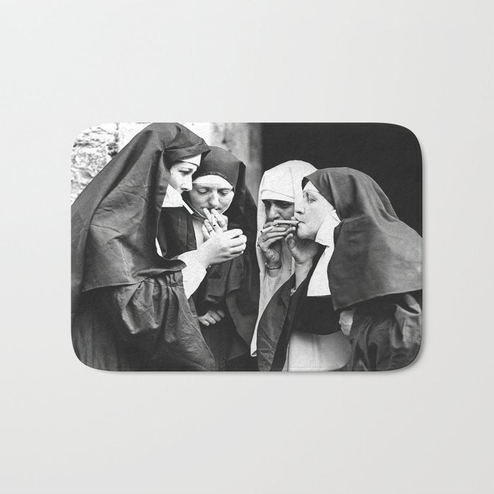 Nuns Smoking, Funny Black and White Vintage Art Bath Mat Gallery Image 1