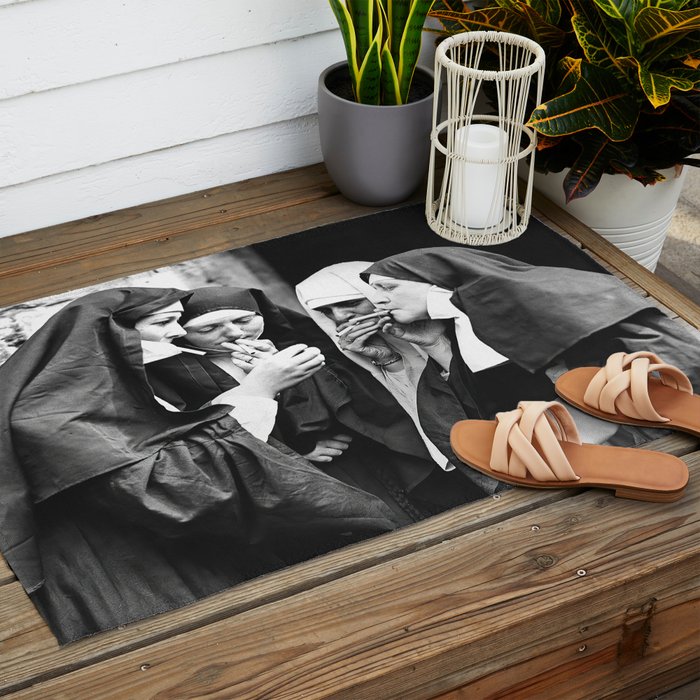 Nuns Smoking, Funny Black and White Vintage Art Outdoor Rug Gallery Image 2