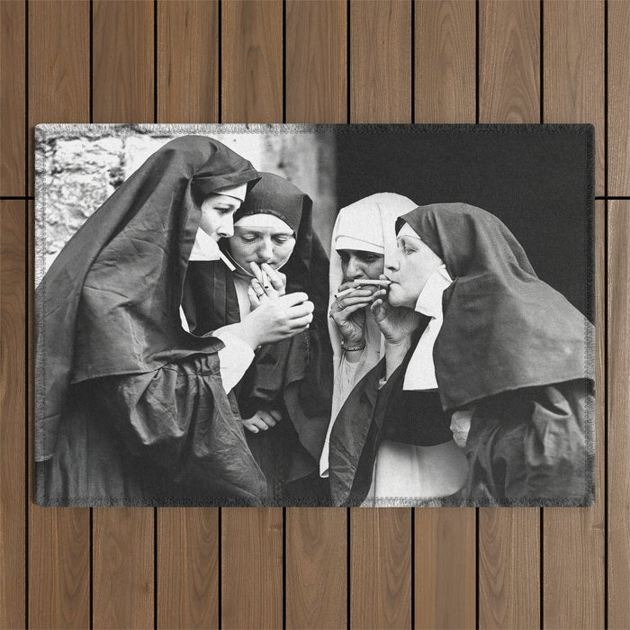 Nuns Smoking, Funny Black and White Vintage Art Outdoor Rug Gallery Image 1
