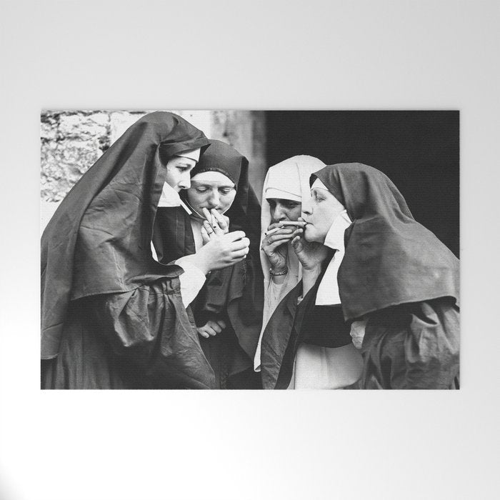 Nuns Smoking, Funny Black and White Vintage Art Welcome Mat Gallery Image 1