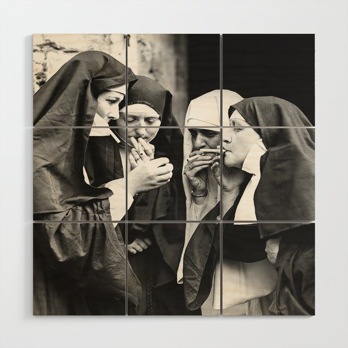 Nuns Smoking, Funny Black and White Vintage Art Wood Wall Art Gallery Image 1