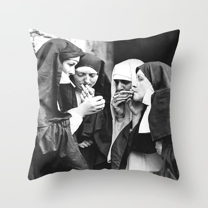Nuns Smoking, Funny Black and White Vintage Art Throw Pillow Gallery Image 6