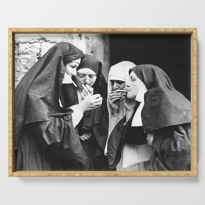 Nuns Smoking, Funny Black and White Vintage Art Serving Tray Gallery Image 1