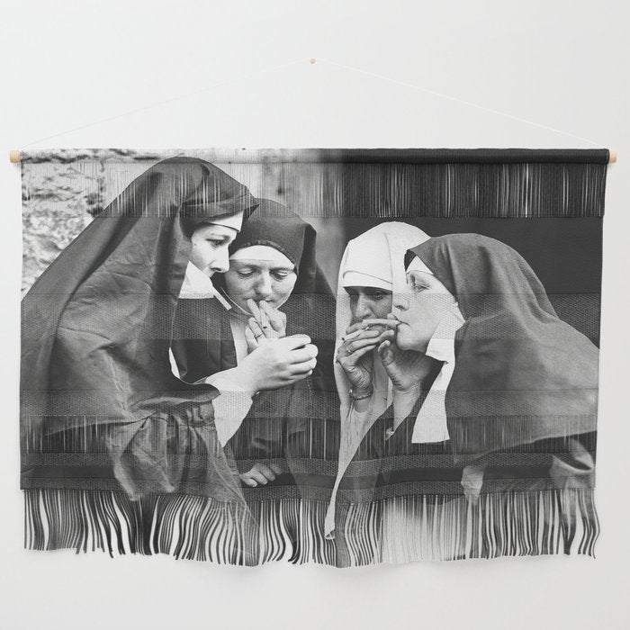 Nuns Smoking, Funny Black and White Vintage Art Wall Hanging Gallery Image 1