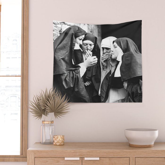 Nuns Smoking, Funny Black and White Vintage Art Wall Tapestry Gallery Image 2