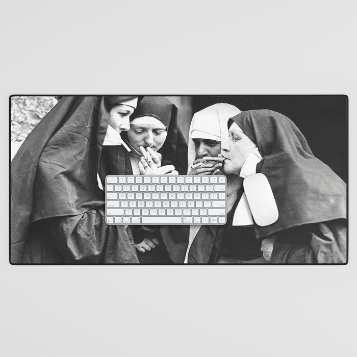 Nuns Smoking, Funny Black and White Vintage Art Desk Mat Gallery Image 1