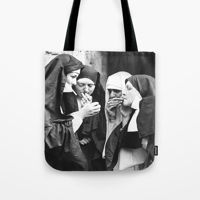 Nuns Smoking, Funny Black and White Vintage Art Tote Bag Gallery Image 1