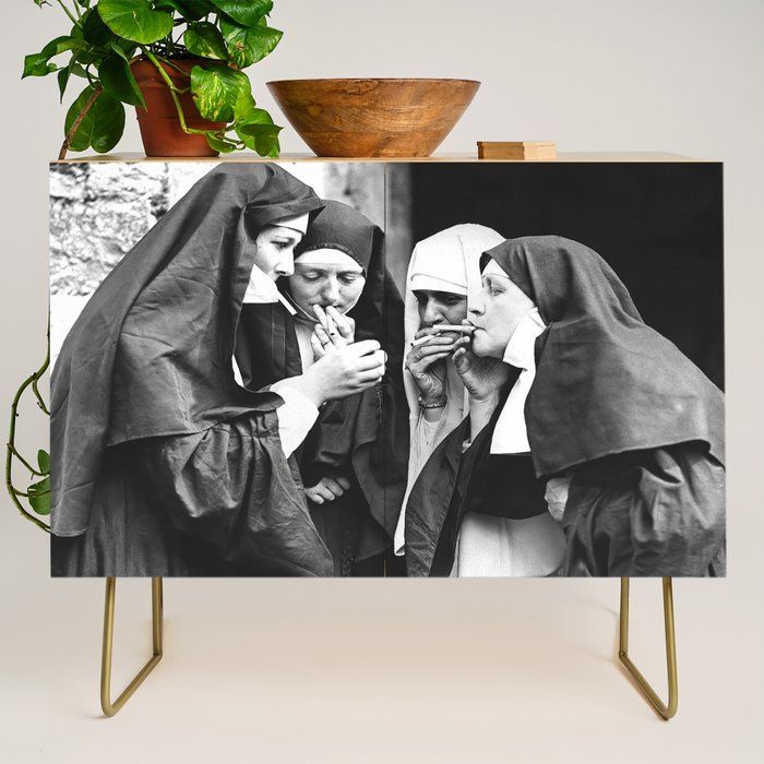 Nuns Smoking, Funny Black and White Vintage Art Credenza Gallery Image 1