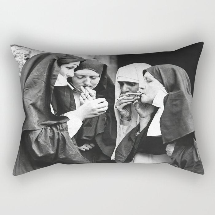 Nuns Smoking, Funny Black and White Vintage Art Rectangular Pillow Gallery Image 2