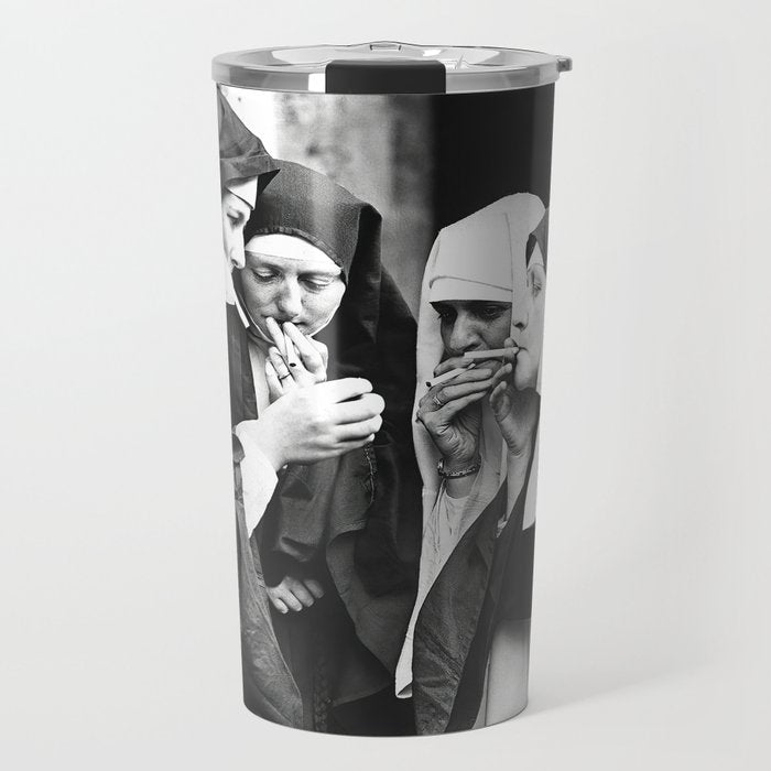 Nuns Smoking, Funny Black and White Vintage Art Travel Mug Gallery Image 1