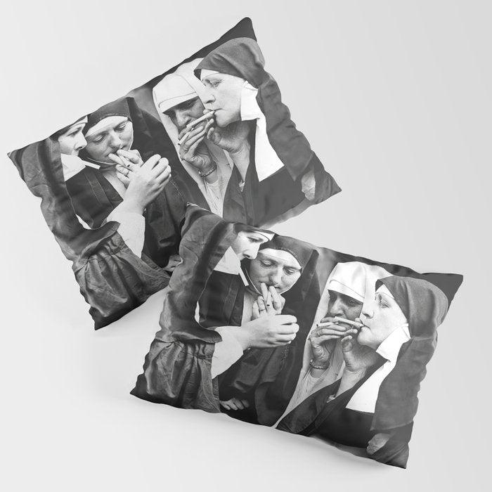 Nuns Smoking, Funny Black and White Vintage Art Pillow Sham Gallery Image 3