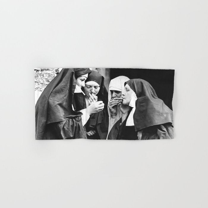 Nuns Smoking, Funny Black and White Vintage Art Bath Towel Gallery Image 1