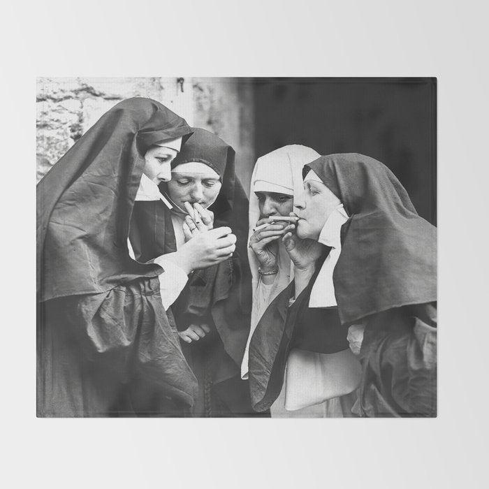 Nuns Smoking, Funny Black and White Vintage Art Throw Blanket Gallery Image 2
