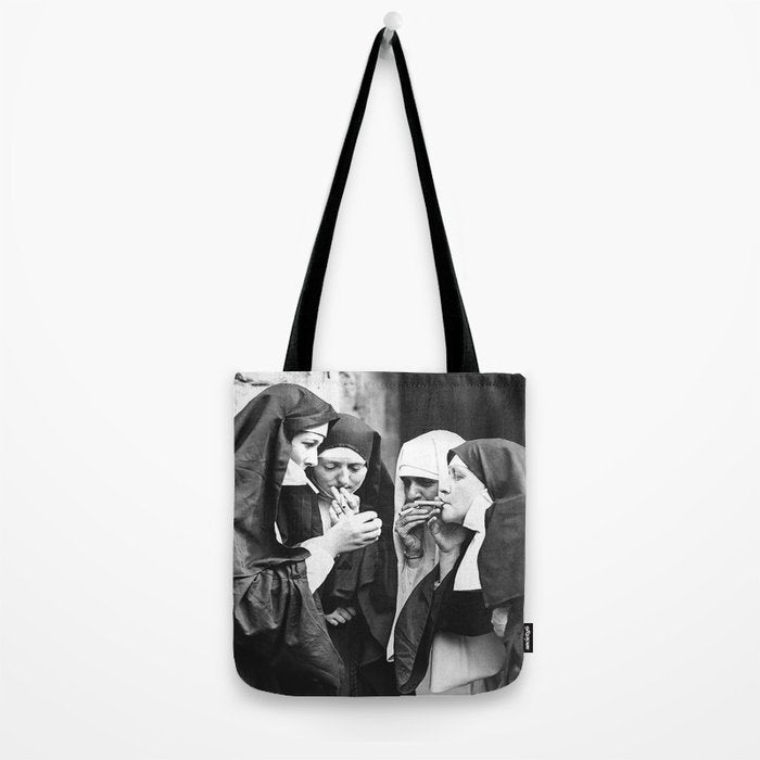 Nuns Smoking, Funny Black and White Vintage Art Tote Bag Gallery Image 2