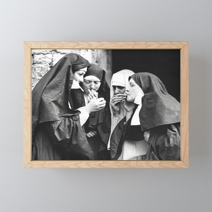 Nuns Smoking, Funny Black And White Vintage Art Mini Art Print