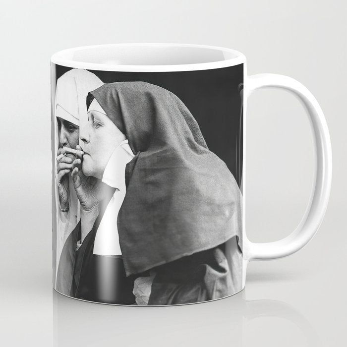 Nuns Smoking, Funny Black and White Vintage Art Coffee Mug Gallery Image 1