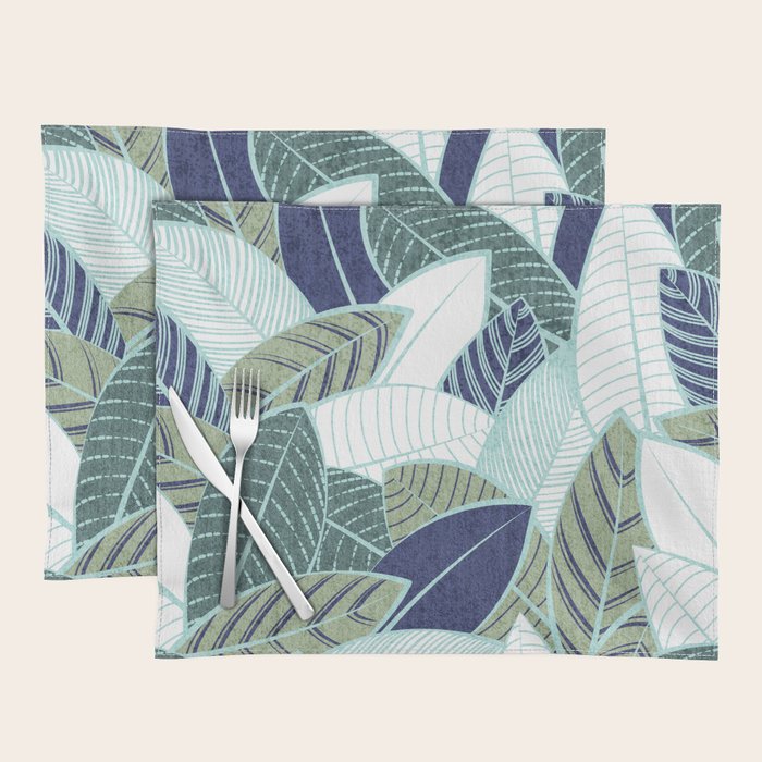 Leaf wall // navy blue pine and sage green leaves mint lines Placemat Gallery Image 1
