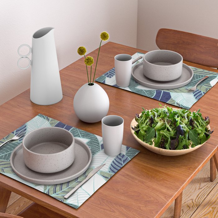 Leaf wall // navy blue pine and sage green leaves mint lines Placemat Gallery Image 2